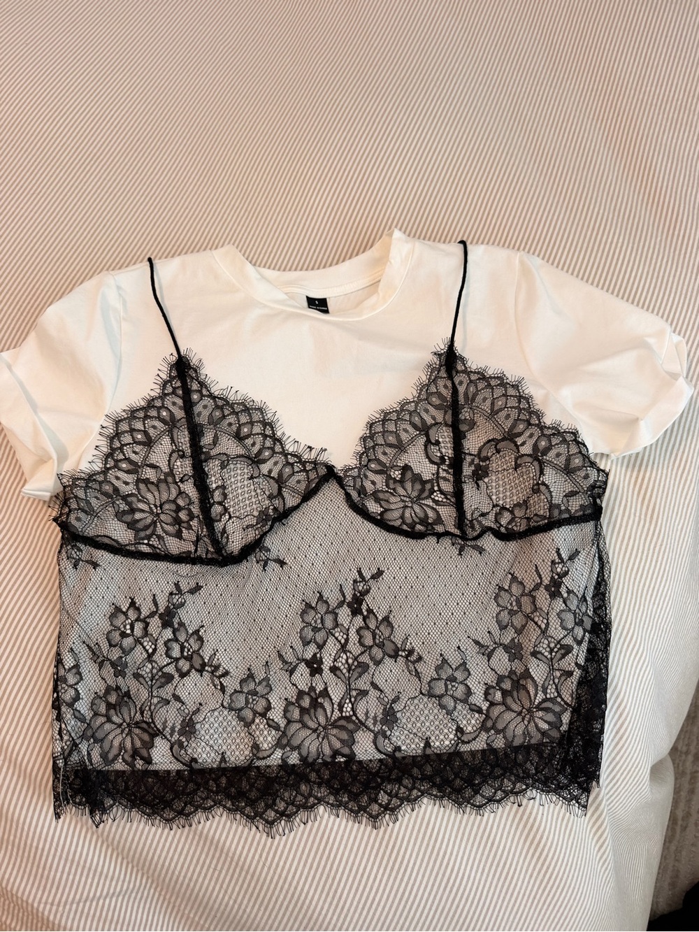 White Tee with Black Lace Overlay Crop Top